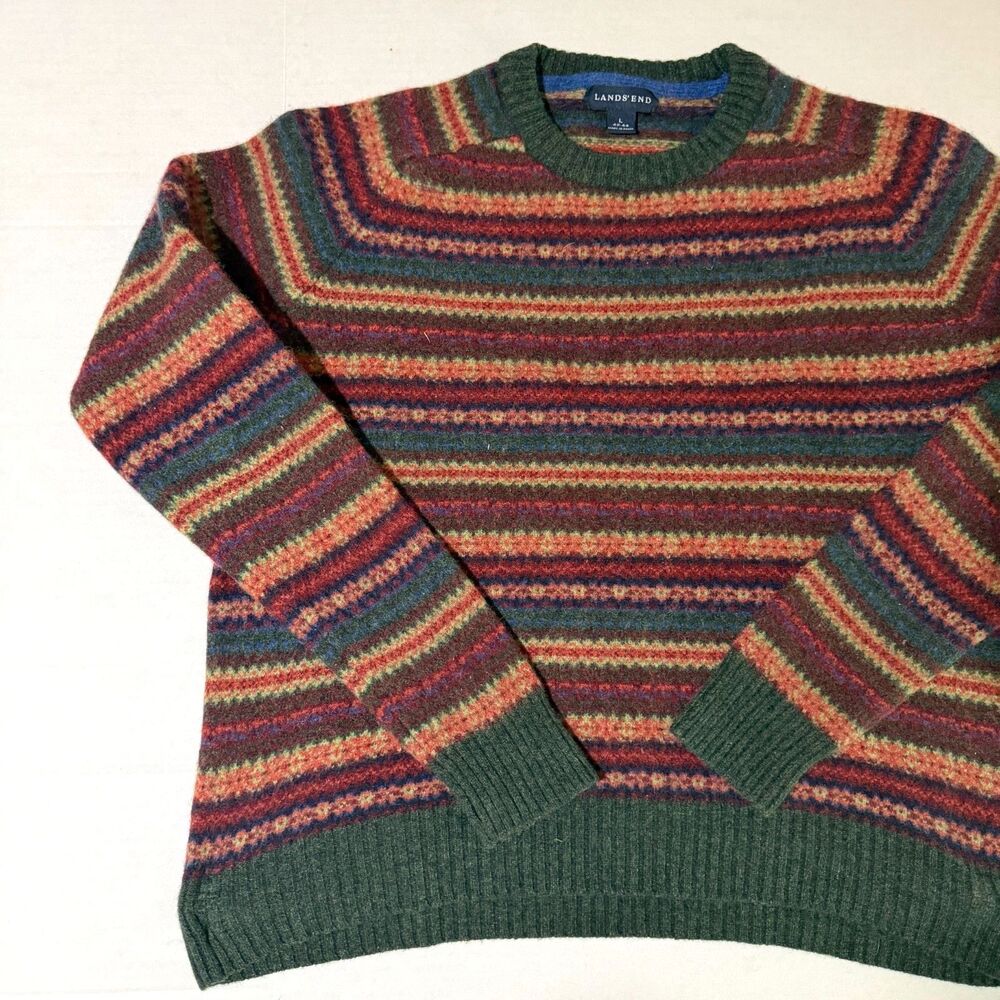 VTG Lands' End Lambswool Earth Tone Fair Isle Sweater Cozy Cottagecore Grandpa